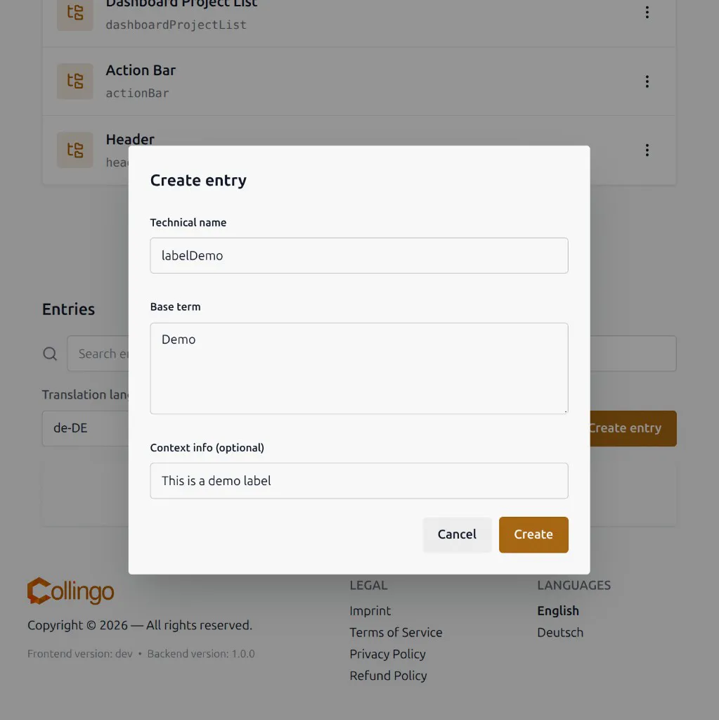 Create entry dialog with technical name, base term, and context info