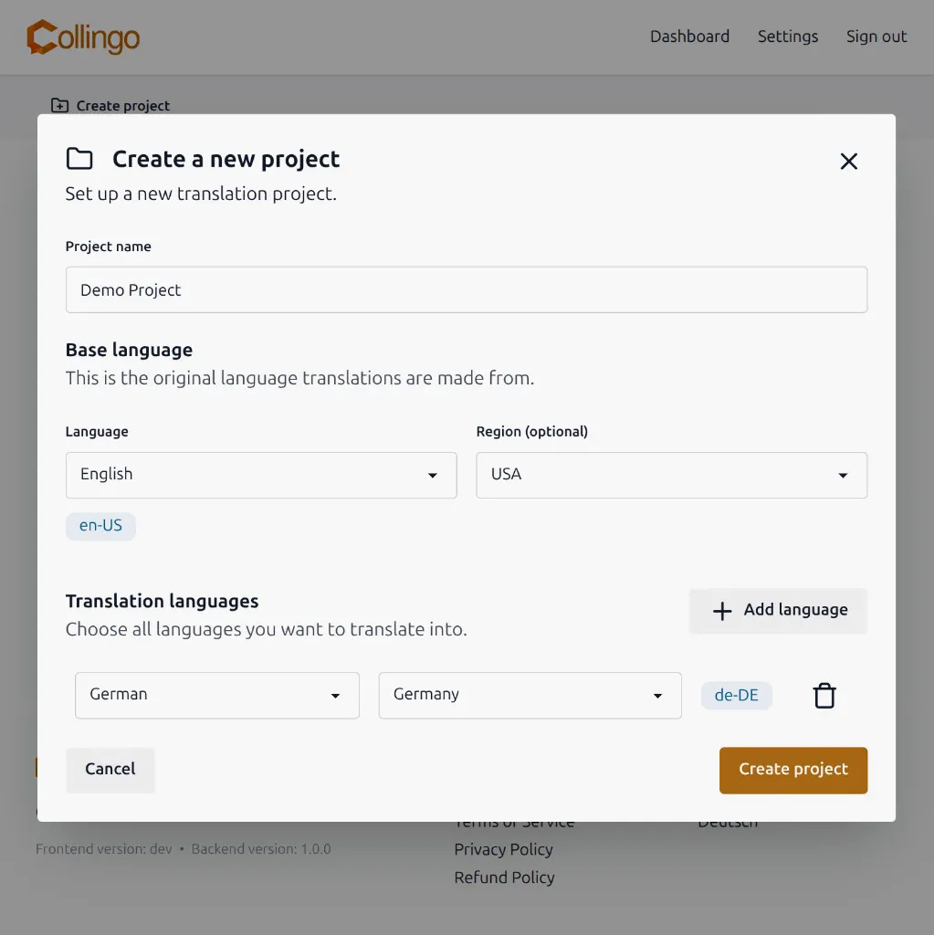 Create a new project dialog with name, base language, and translation languages