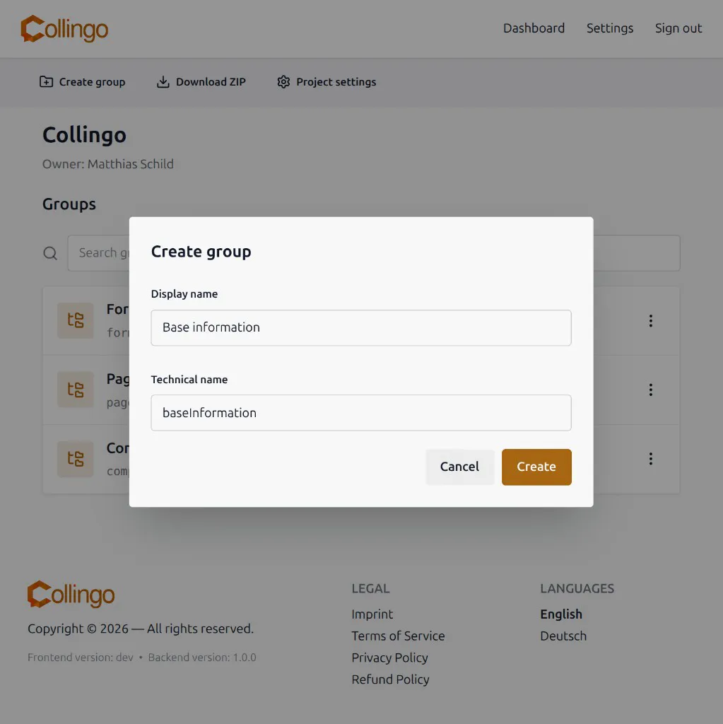 Create group dialog with display name and technical name
