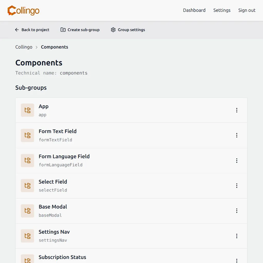 Group page with breadcrumb, sub-groups, and action bar