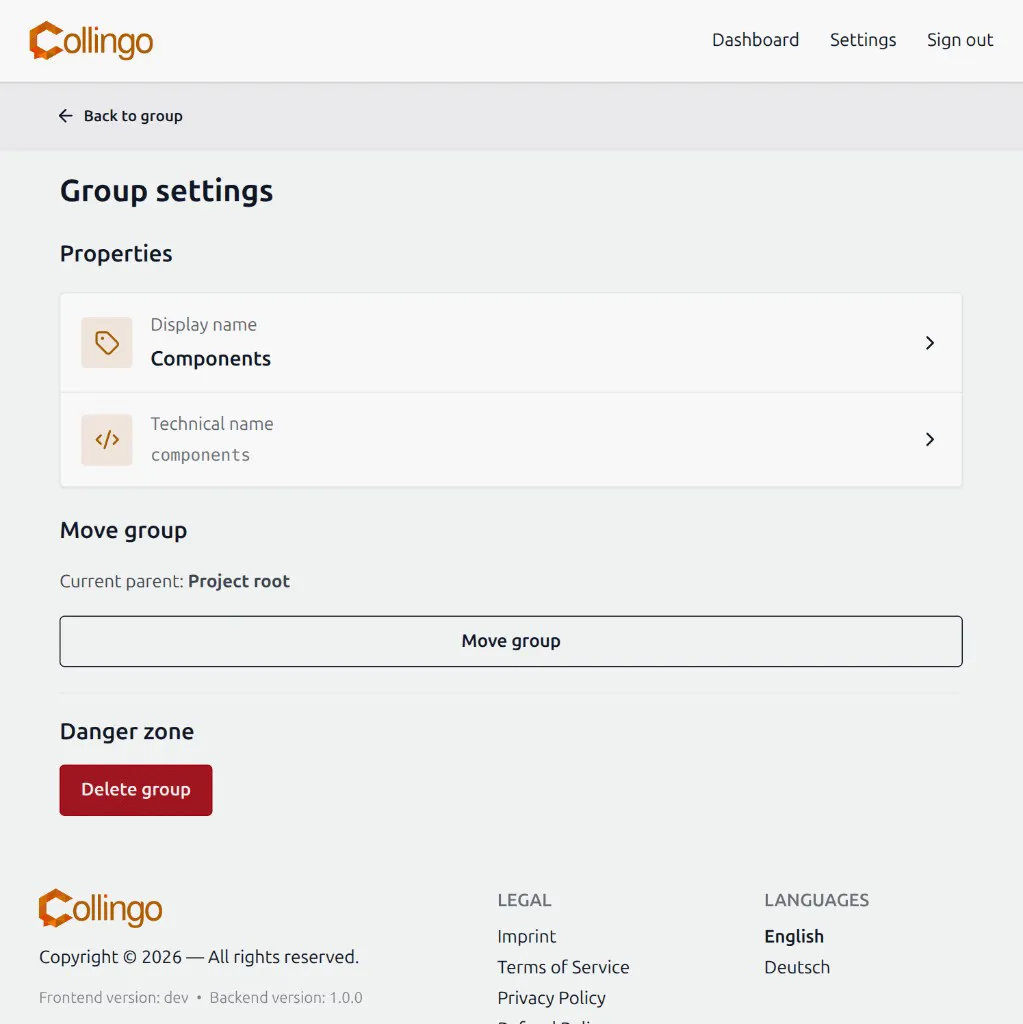 Group settings with properties, move, and delete