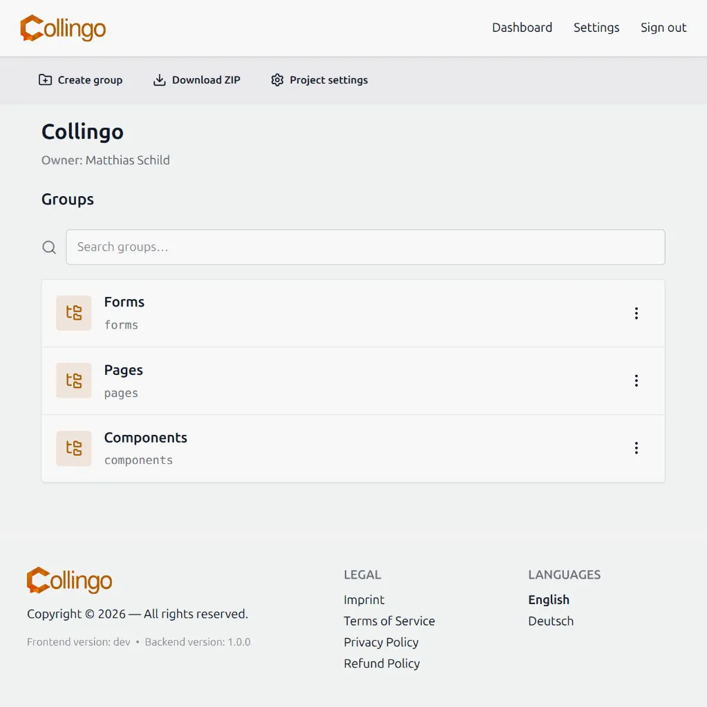 Project page with groups list, Create group, Download ZIP, and Project settings