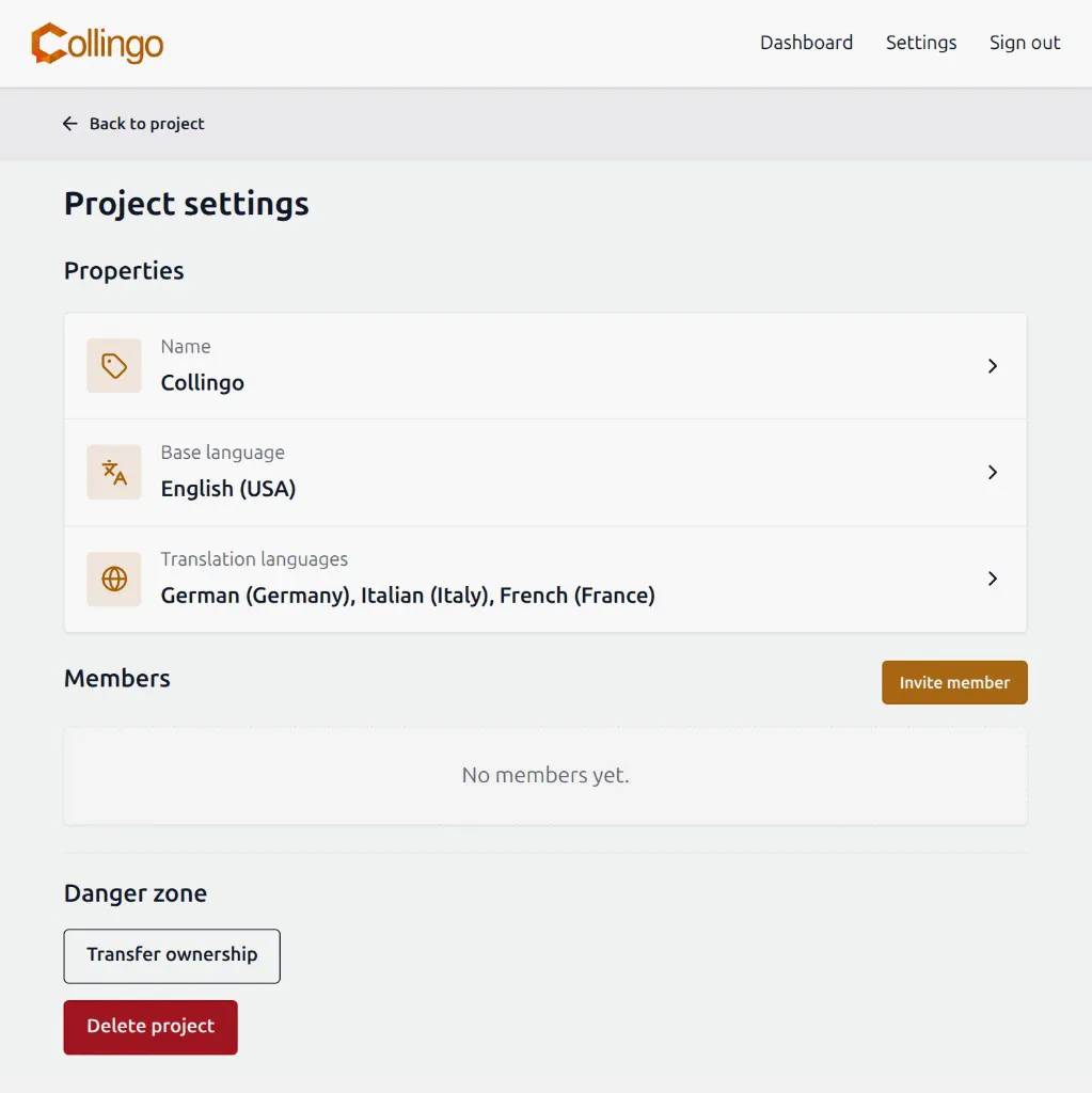Project settings with properties, members, and danger zone